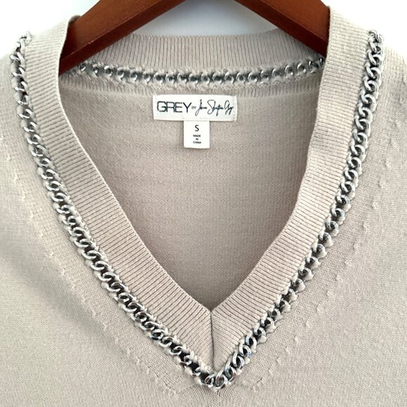 GREY Jason Wu Chain Trim V-Neck Sweater Beige S Minimalist Quiet Luxury Knit - Picture 4 of 11